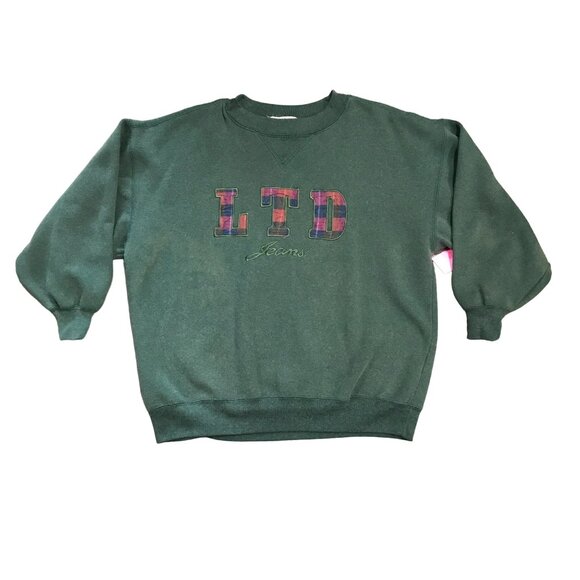 Vtg Limited Jeans Pullover Sweatshirt M Green Embroidered Plaid Logo y2K 90s - Picture 2 of 10